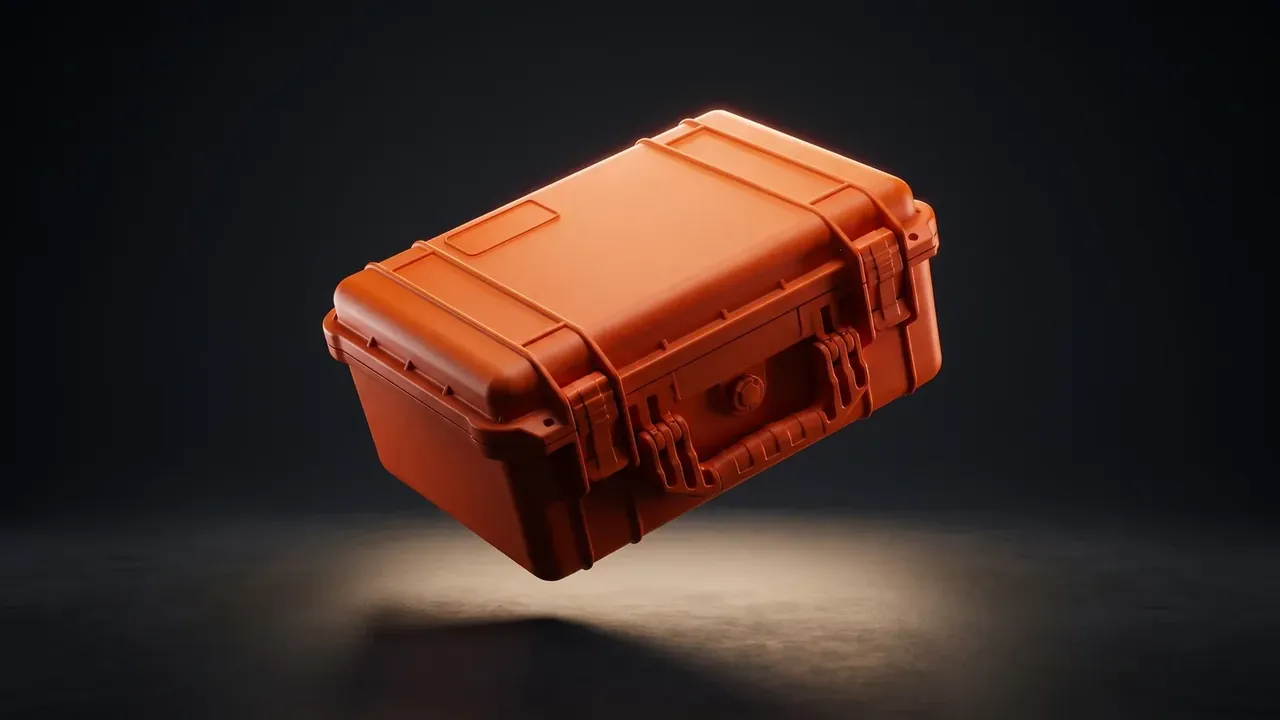 Consolidated Tool Kit: orange case floating above a dark floor lit from below, lid ribs and two front latches visible, handle recessed into the lid