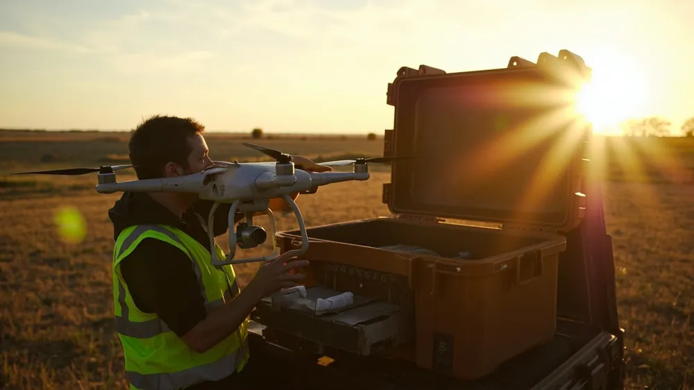 An industrial drone unpacked from a rugged case on site An industrial drone unpacked from a rugged case on site