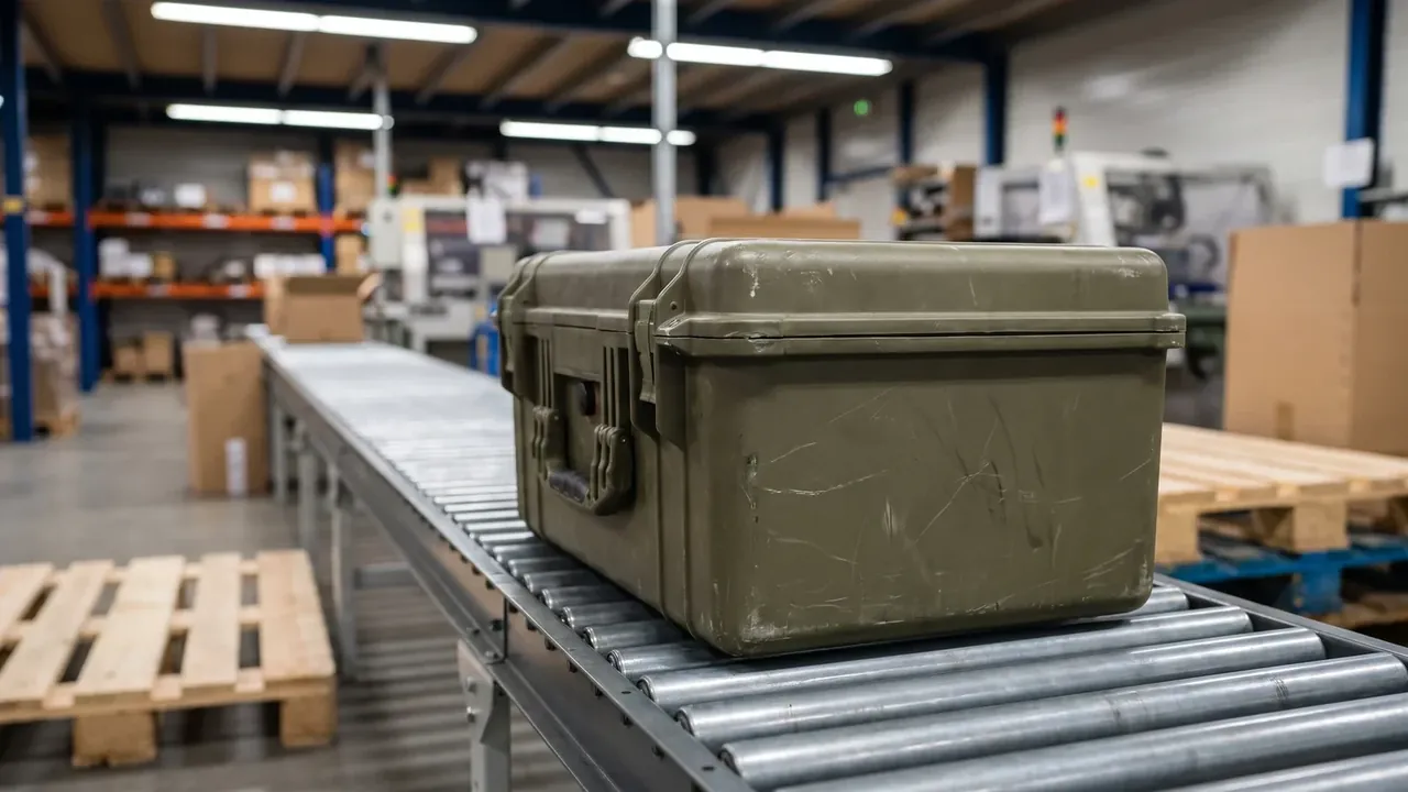 Container, Ammunition, Fiber: an olive green case lying across a roller conveyor, scuffed lid seam, orange shelving and pallets behind