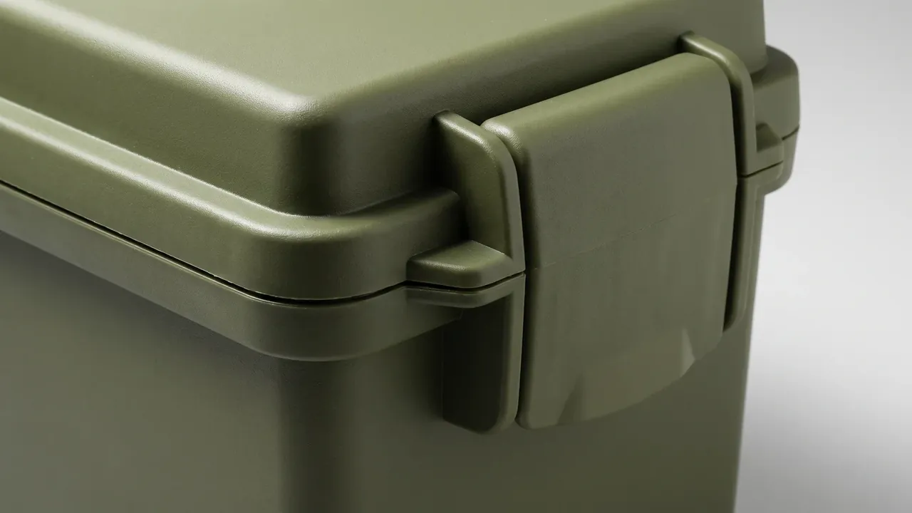 Container, Ammunition, Fiber: close-up of the lid joint and one closed latch, its arm pressing the lip, fine matte grain, plain white backdrop