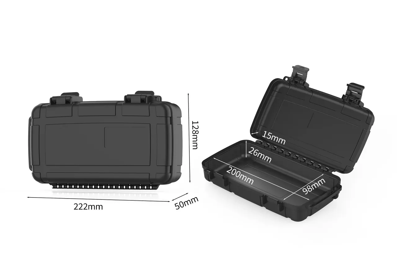 Closed case marked 222 by 128 by 50 mm; open view marking a 200 by 98 mm interior and 26 mm lower depth