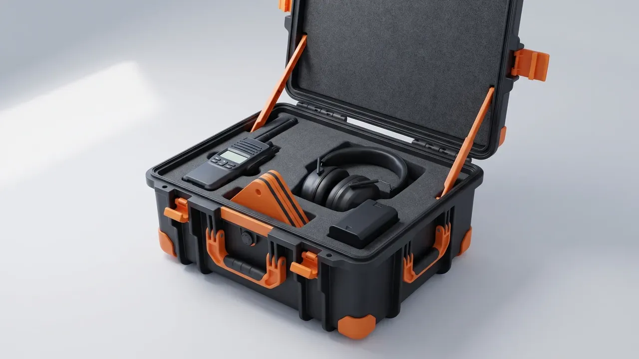 Contract manufacturing plastic cases: black and orange case open, foam lining the lid, radio, headset and orange wedge in base foam, orange struts
