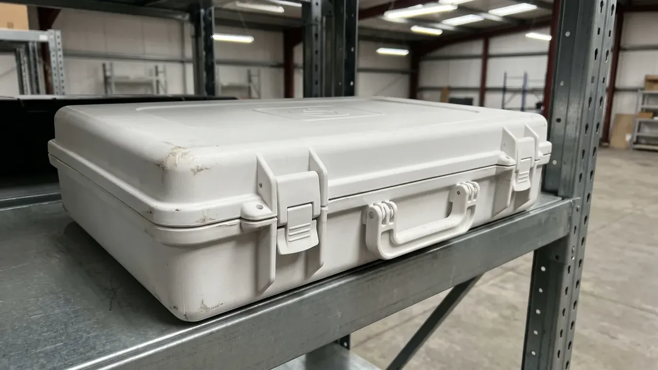Custom box: closed white body flat on a warehouse steel shelf, one recessed groove across the lid, a plastic latch and a folding handle