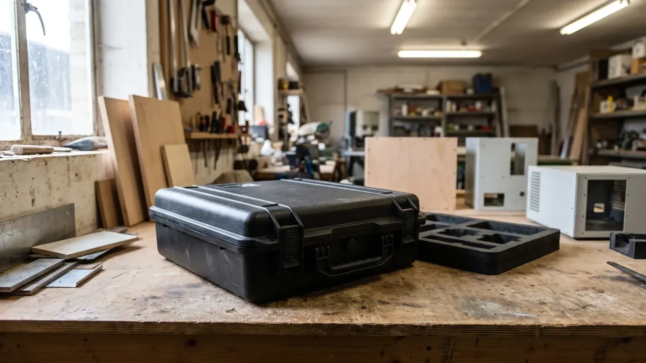 Custom case with compartments: closed black case on a long bench, a charcoal foam sheet with four pockets beside it, timber behind