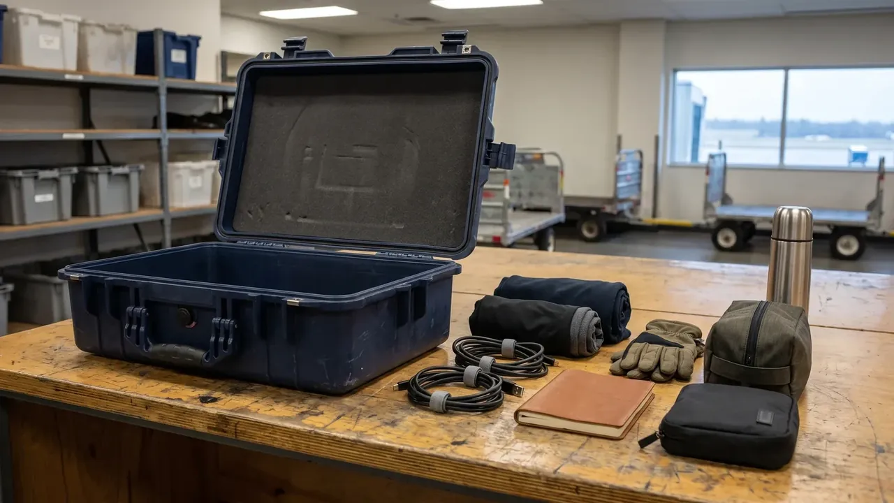 Custom color plastic box manufacturing: navy case open on a wooden bench, dark foam in the lid, coiled cables and gloves beside it, grey bins