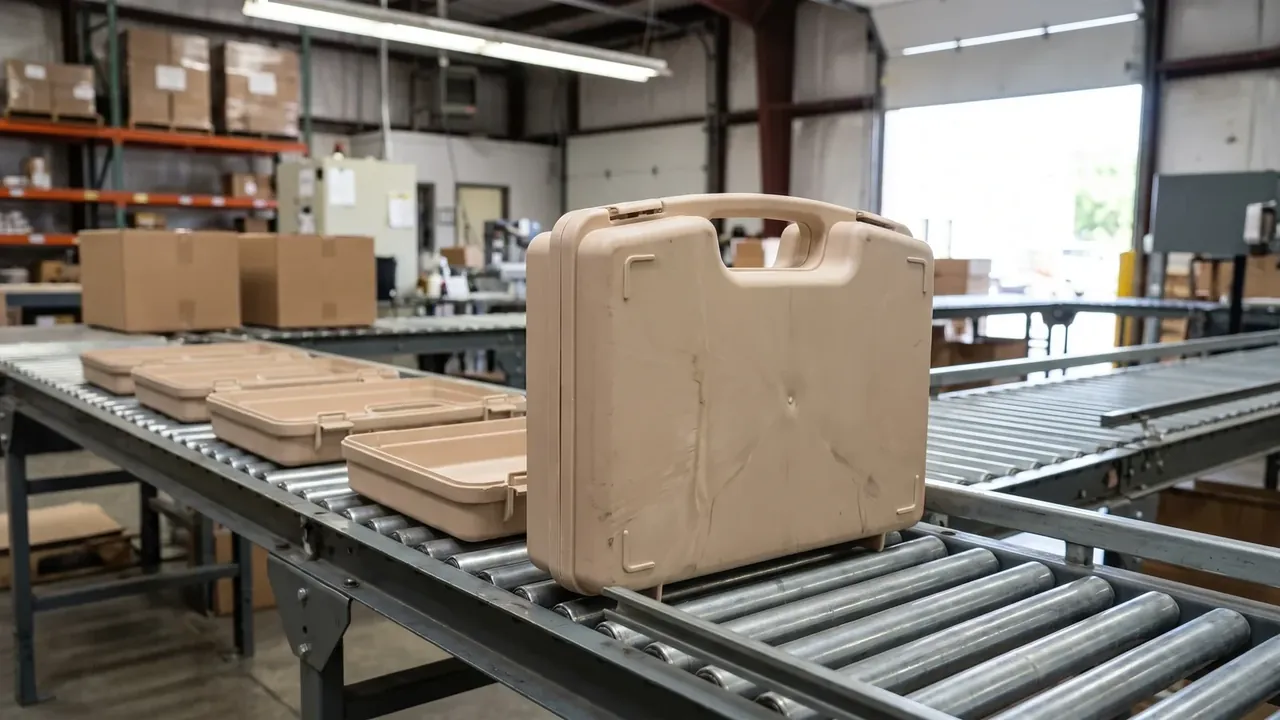 Custom color plastic case: beige cases on a factory roller conveyor, the nearest standing on edge, cartons stacked behind and a light tube above