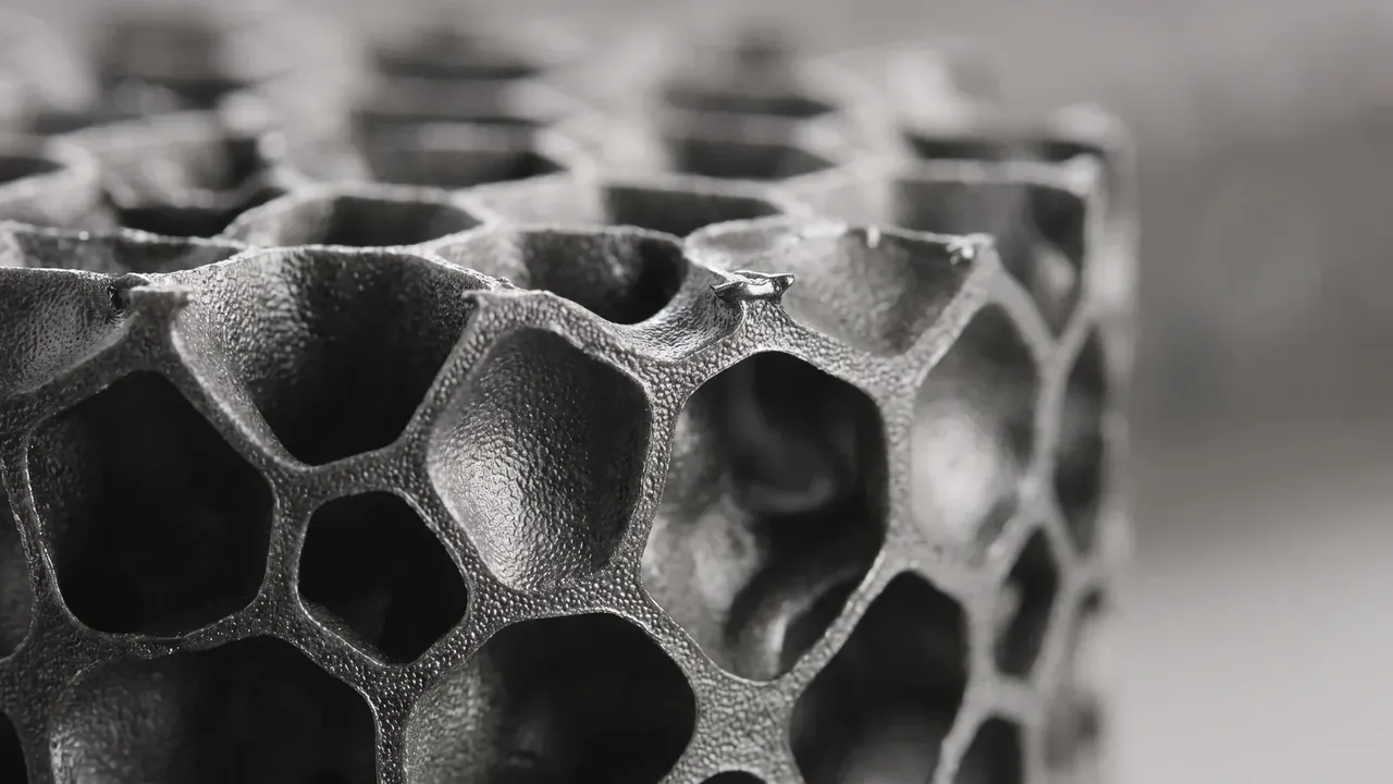 Custom foam insert protective case: macro view of dark grey foam cell walls, grainy skin texture, open cells fading out of focus