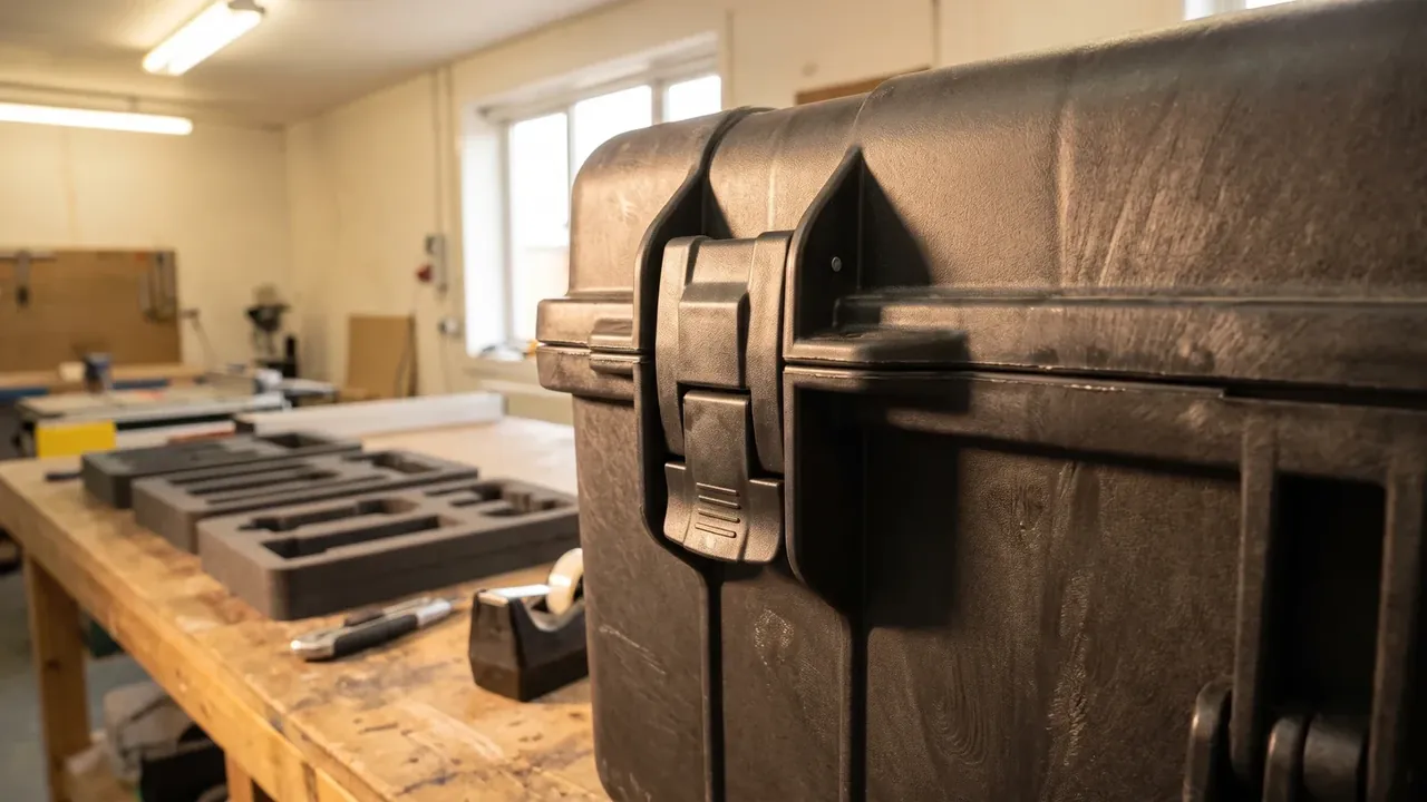 Custom foam insert protective case: black case closed on a workshop bench, one wide latch, two grey cut foam liners behind, a knife beside