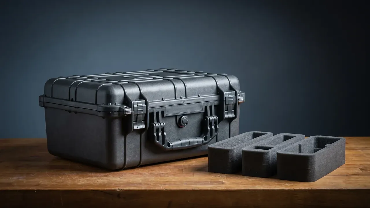 Custom Foam Insert: a black case on a wooden bench, two latches and a pressure valve at the front, a slotted pad lying beside it
