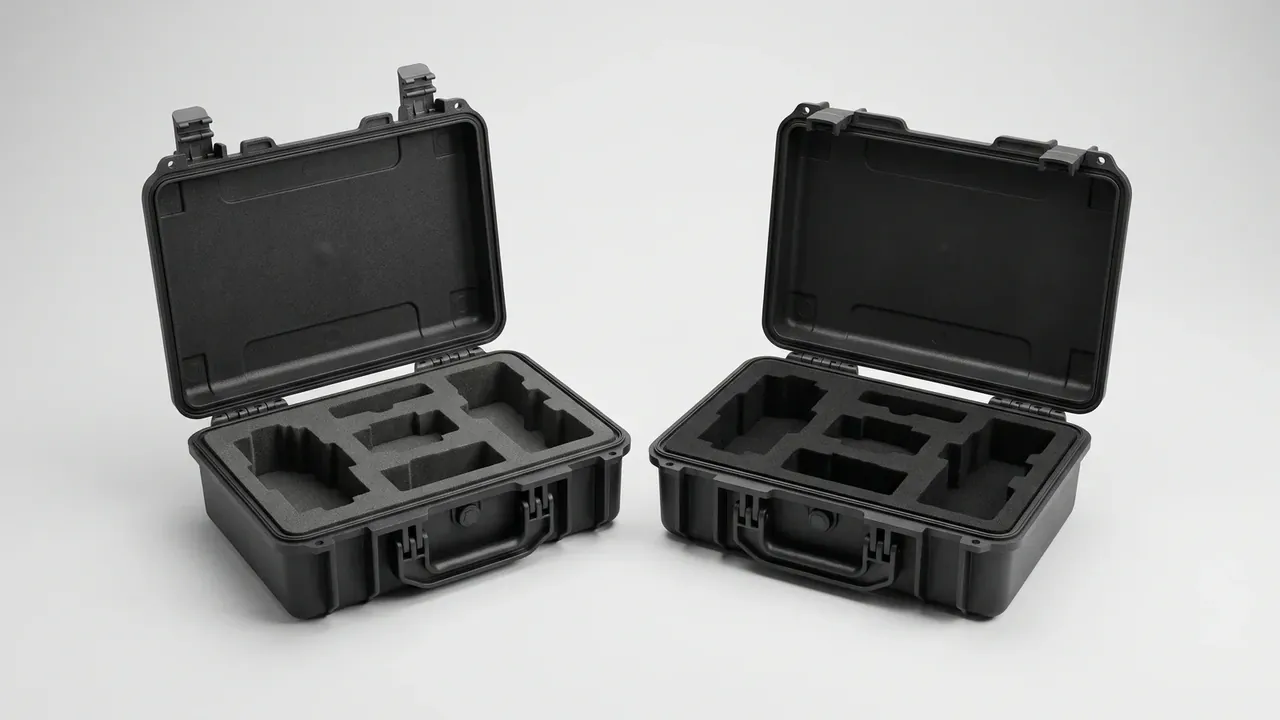 Custom Foam Insert: two open cases side by side, each holding a full pad cut with square, long and stepped pockets, plain lids above