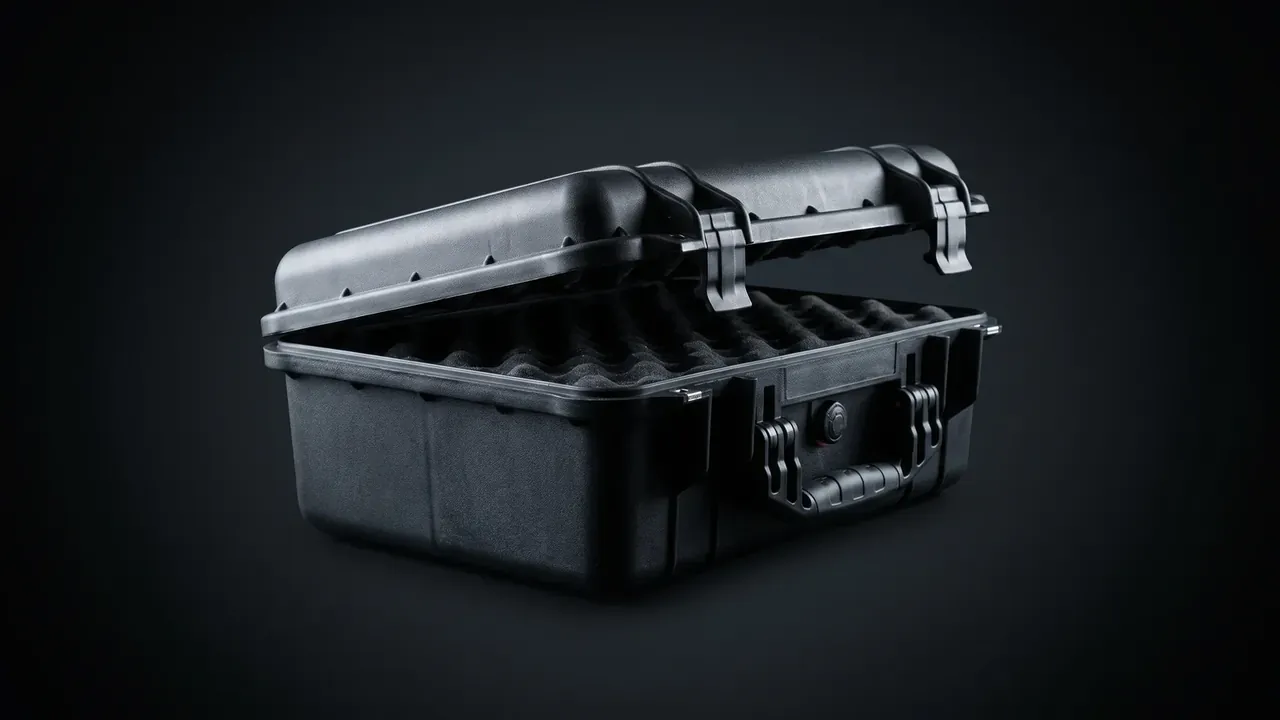 Custom Foam Insert: a case half open at an angle, convoluted foam lining the lid, moulded handle and latches on the front, dark backdrop