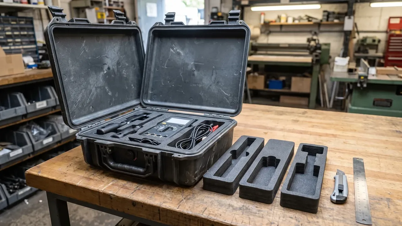 Custom Foam Insert: an open case holding a meter in a cut pocket, three long pads in front, a steel rule and knife nearby