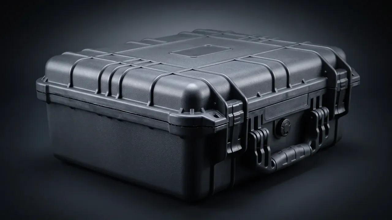 Custom Foam Insert: a closed black case seen from the rear corner, ribs across lid and sides, two latches and a valve at the end