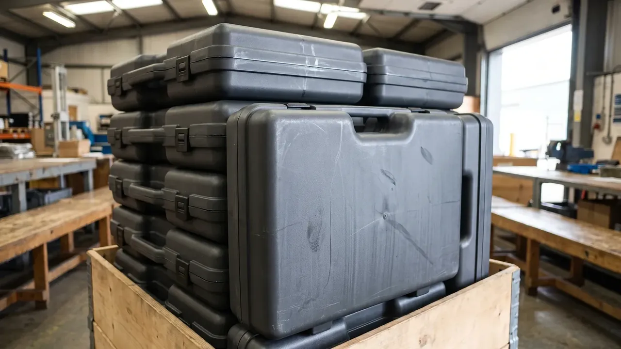Custom Foam Insert: dark grey cases stacked three high in a workshop, corners nesting, the bottom row inside a timber crate