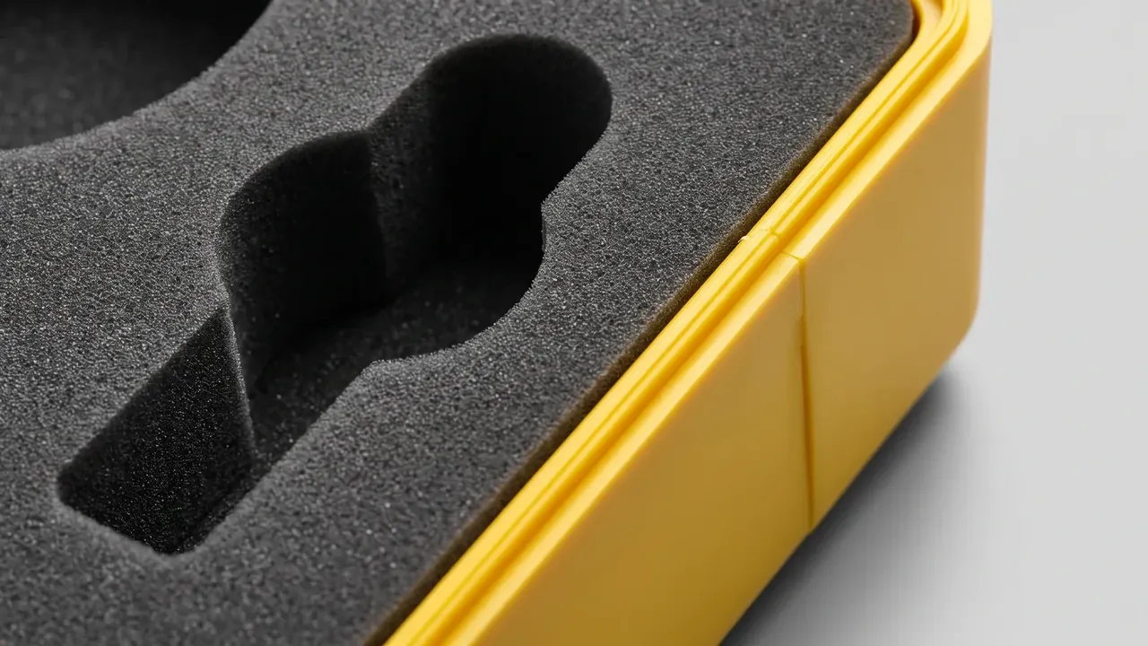 Custom internal partition plastic box: black foam insert in a yellow case, two recesses cut into the foam, edges tight to the wall