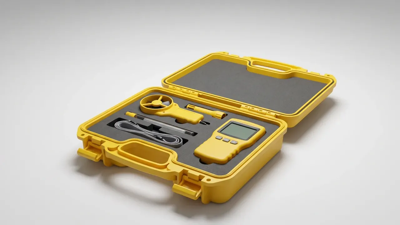 Custom internal partition plastic box: yellow case open, grey foam cut with recesses for an anemometer, probe, cable and meter, two yellow latches