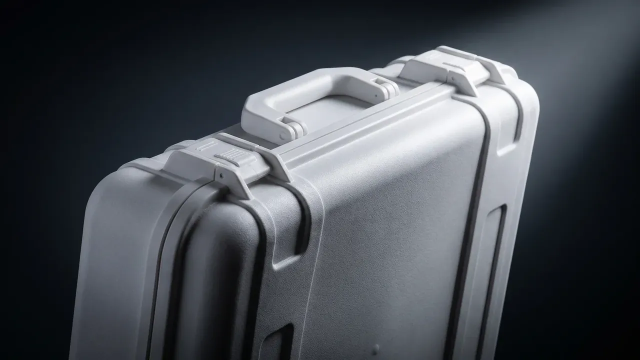 Custom Logo Case: close view of the case top, moulded handle with a pivot at each end, latches pressed on the lid rim, matte grained shell