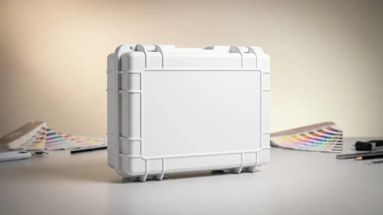 Custom Logo Case: a white case upright on a beige bench, a handle cut-out at the top, colour fan decks and markers laid beside it
