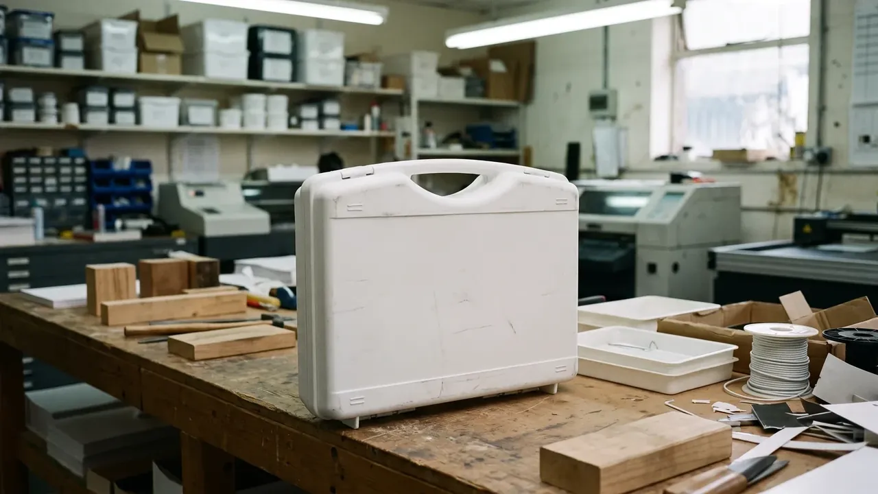 Custom Logo Case: a white case standing on a workshop bench, its lid still plain, timber blocks and spools stacked to the left