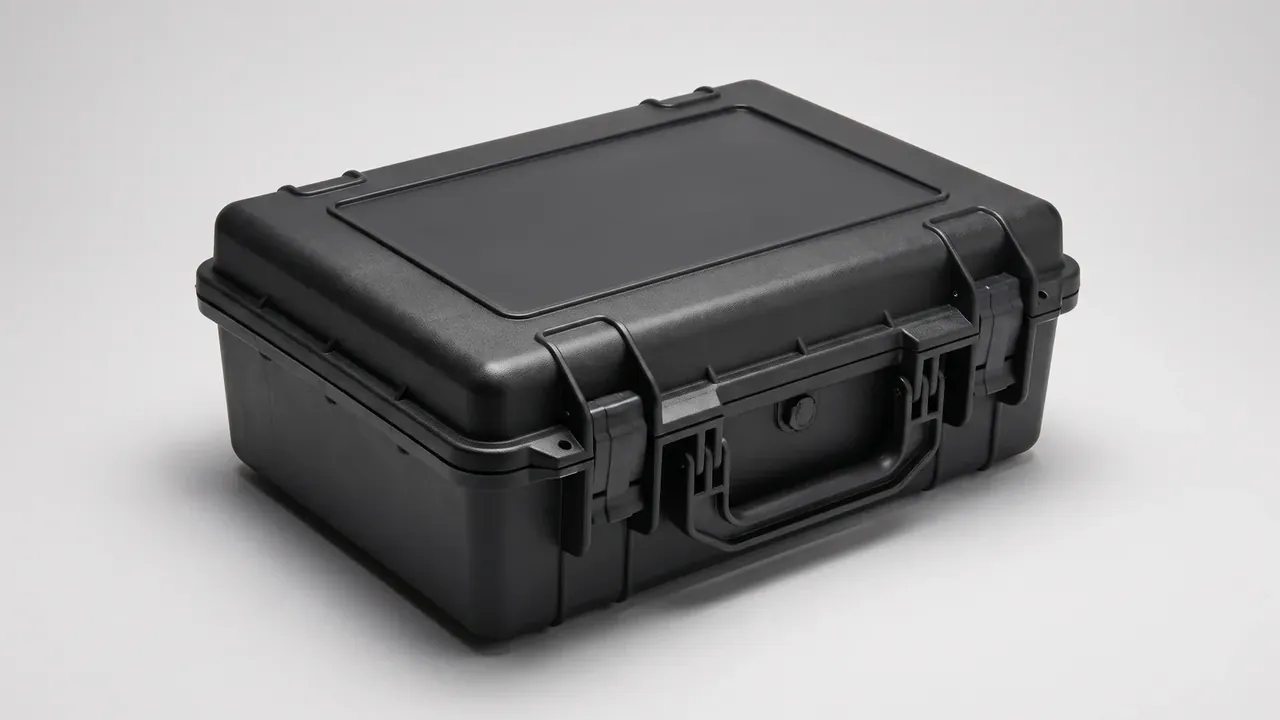 Custom Logo Case: a black case closed at forty-five degrees, a recessed rectangle in the lid, two latches and a valve at the front