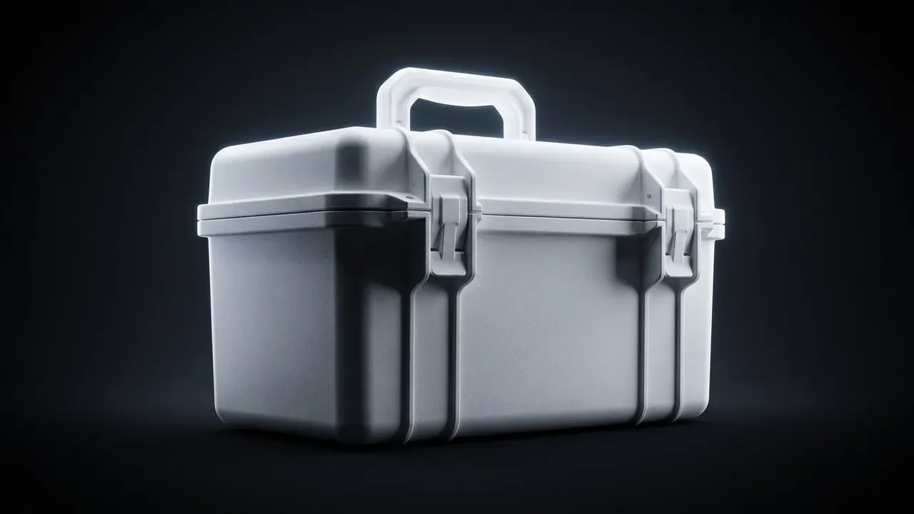 Custom Logo Case: a white case turned to the side on a dark ground, an arched handle on top, two vertical latches on the front