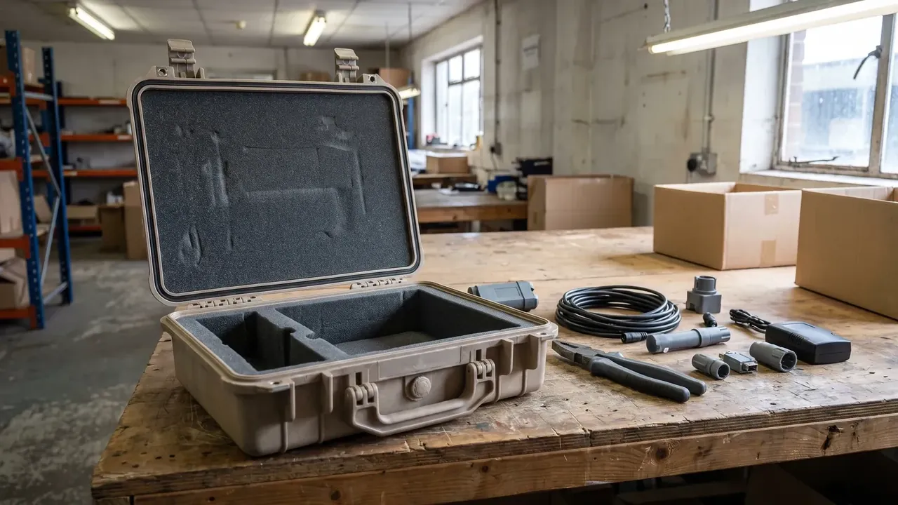 Custom molded plastic case open on a workshop bench, lid and base lined with dark foam cut into two pockets, cable coil and pliers