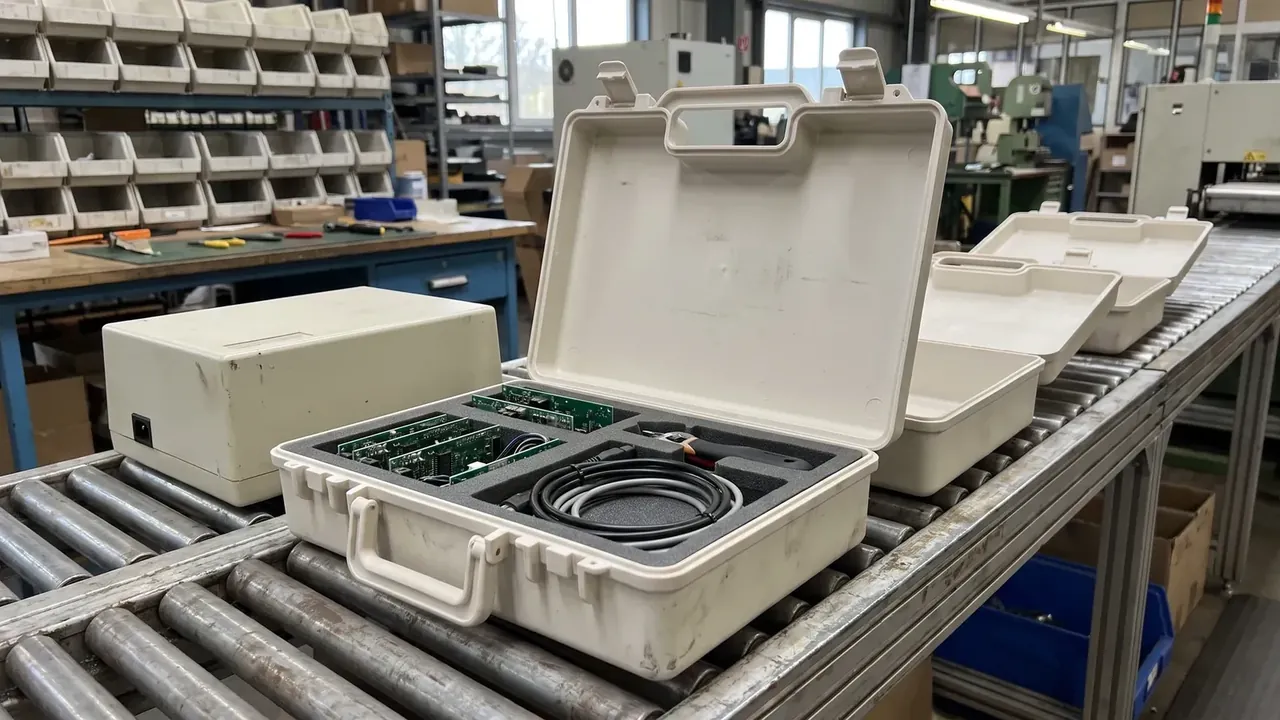Custom molded plastic case open on a roller conveyor, foam pockets holding green circuit boards and a coiled cable, two matching open shells behind