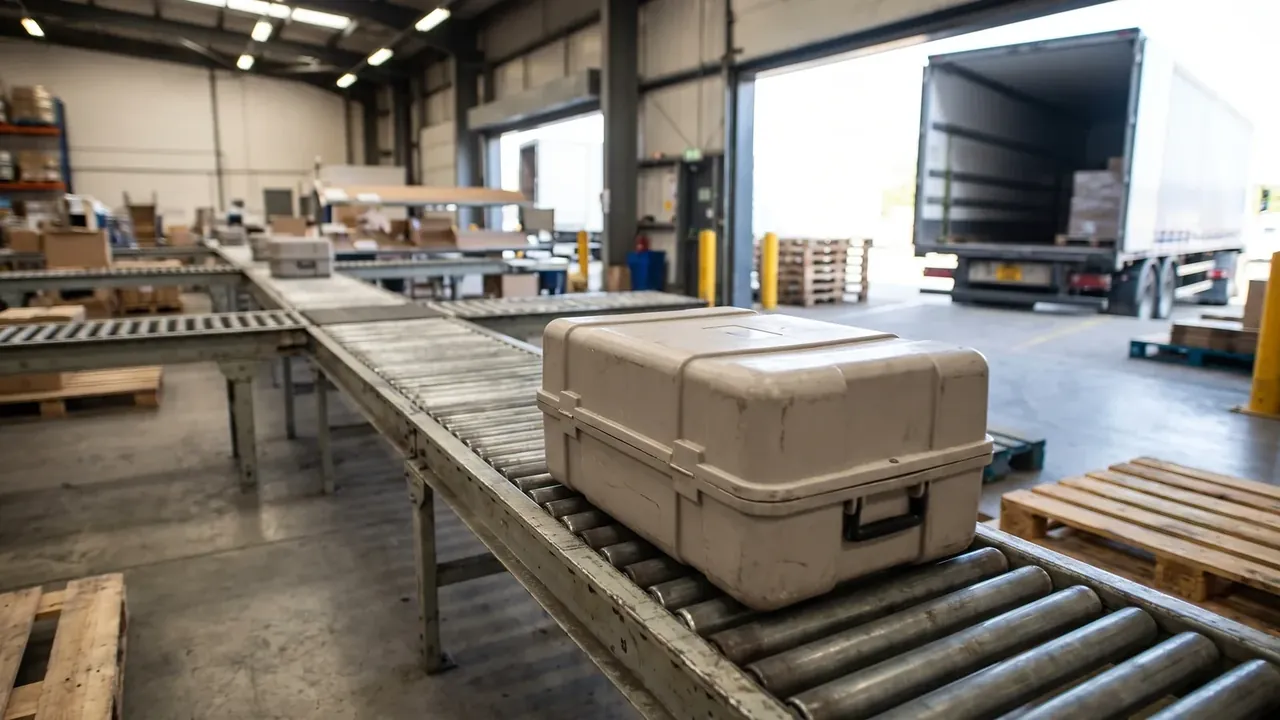 Custom plastic toolbox manufacturer: an off-white case on a roller conveyor, lid closed, one folding handle, two latches, steel frame and wooden pallets behind