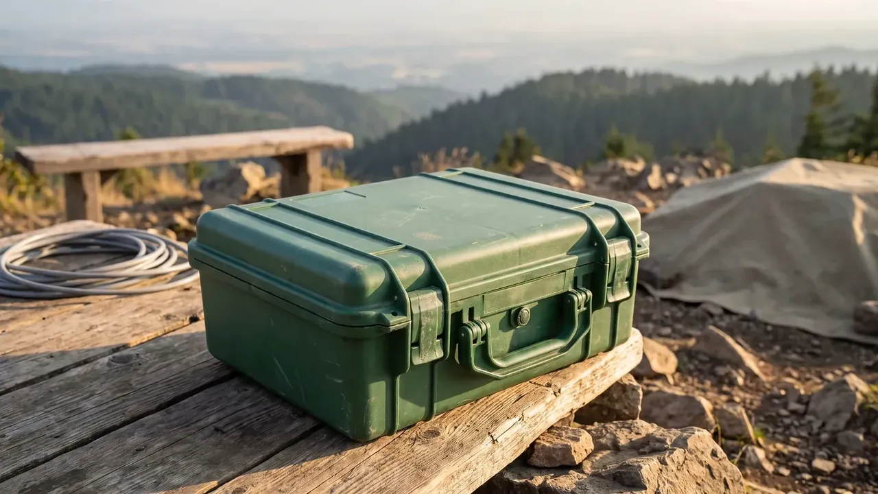 Custom plastic toolbox manufacturer: an olive green case on a wooden bench outdoors, lid closed, two latches, folding handle facing camera, grey cable at left