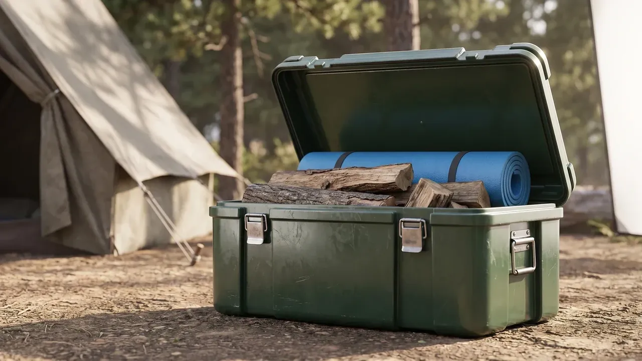 Custom reusable transport case: a dark green case open on forest soil, two steel latches, folded side handle, blue mat and split logs inside