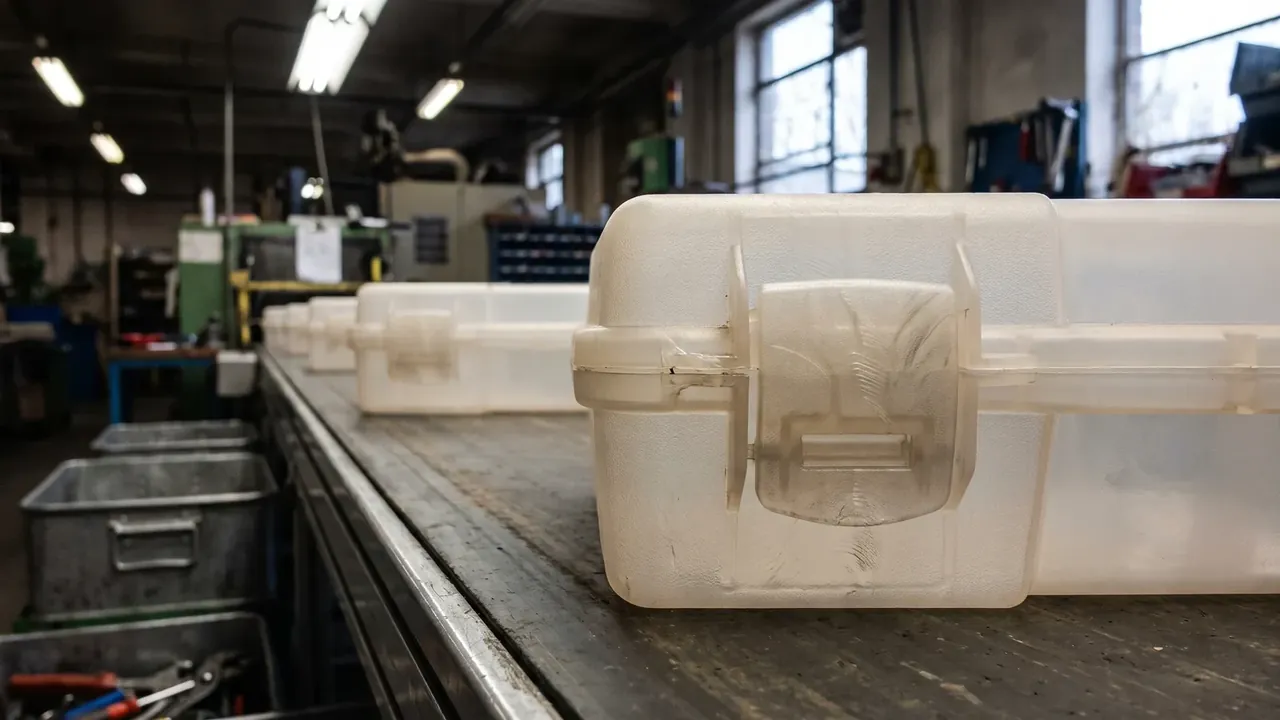 Custom size plastic case: several frosted cases lined up on a steel workshop bench, the nearest latched shut, moulding machines and crates behind.