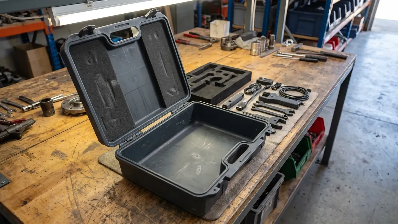 Custom size plastic storage box: black case open on a worn wooden bench, empty base, grey lid foam, tools and a loose foam insert alongside