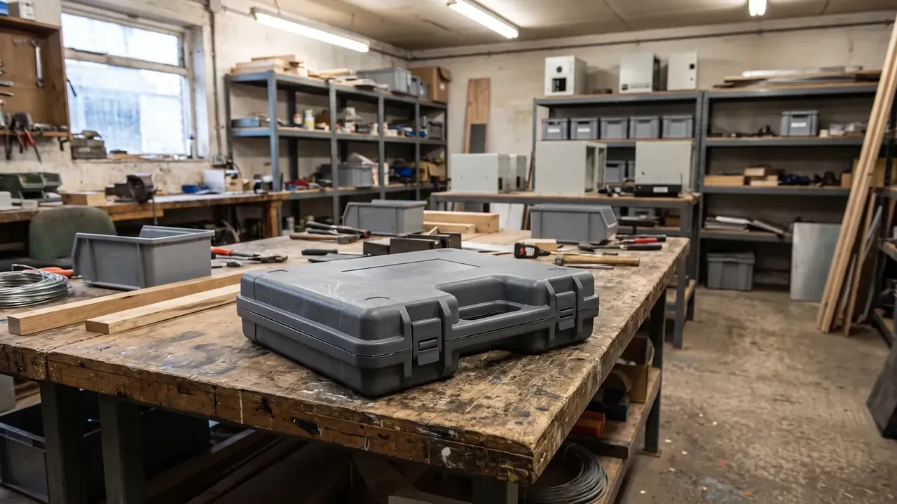Custom wheeled protective case: closed grey case on a worn wooden bench, scratched lid, two latches and a handle, grey shelving and tools behind