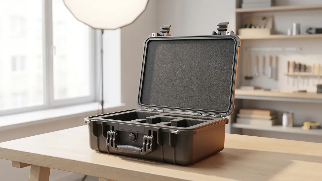 Custom wheeled protective case: open black case on a pale wood table, grey lid foam, six foam compartments, two latches and a purge valve