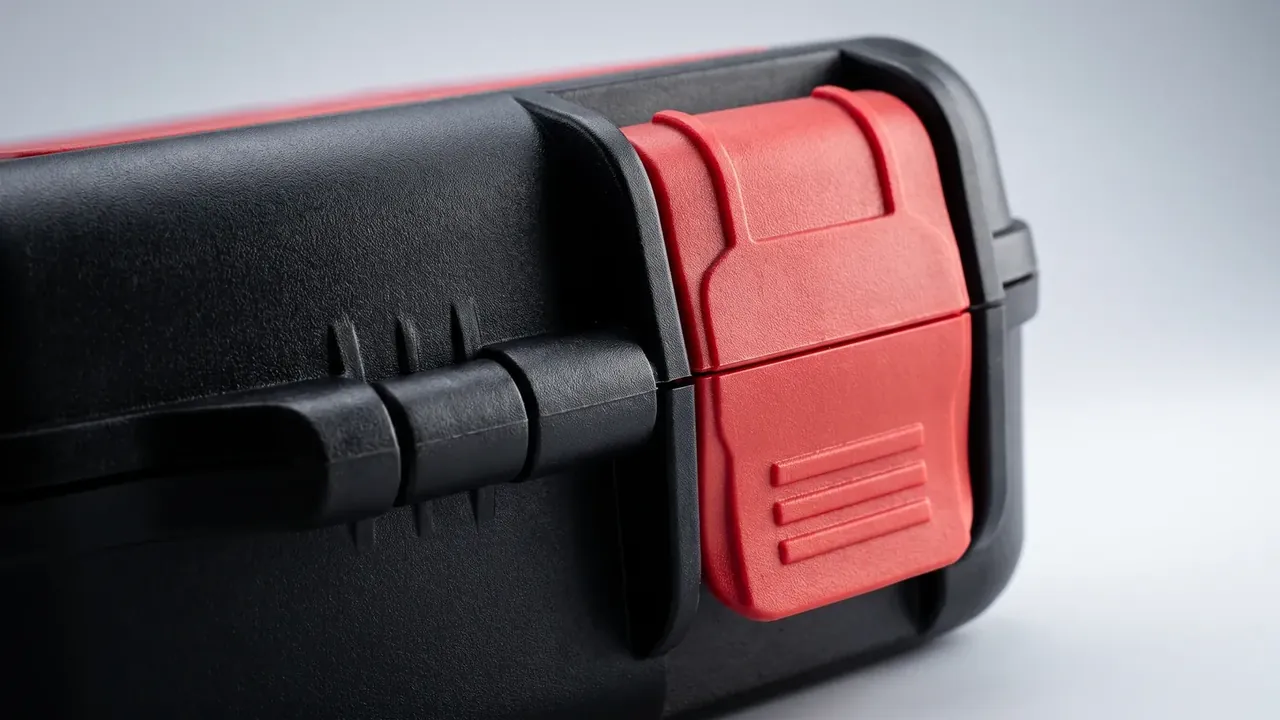 Customized Blow Molded Plastic Case: black case corner, a red catch under a black cam latch, the parting seam crossing the frame, matte texture