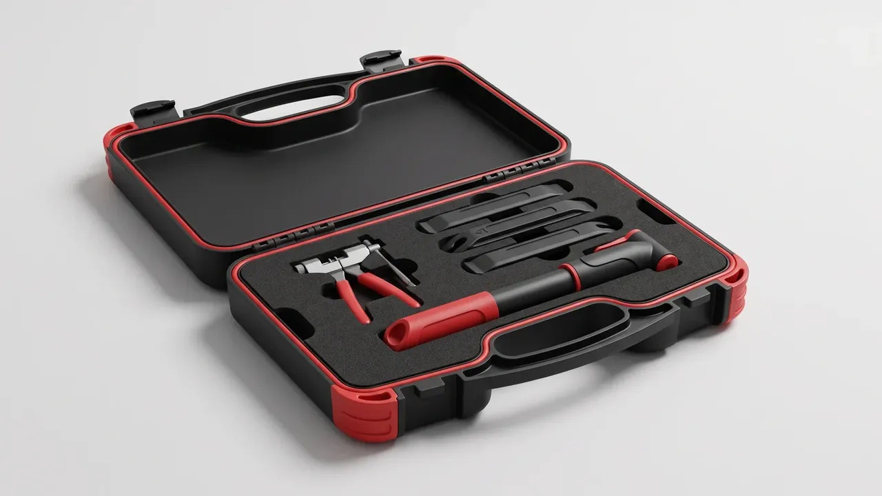 Customized Blow Molded Plastic Case: black case open, red gasket inside the rim, foam pockets holding red-handled pliers and two black tools, red corner bumpers