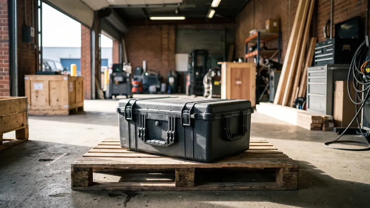 Customized plastic transport case: black closed shell on a pallet, latches and moulded handle forward, brick workshop with crates and a forklift