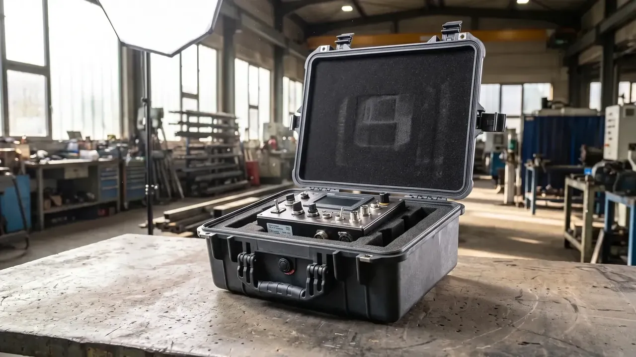 Customized plastic transport case: black shell open on a stone bench, foam insert cut for an instrument panel, black lid foam, softbox at left