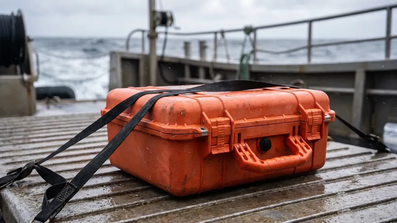 Deployable Hard Case: an orange case on wet steel grating, two black straps pulling outward, two latches and a centre handle, grey ship structure behind