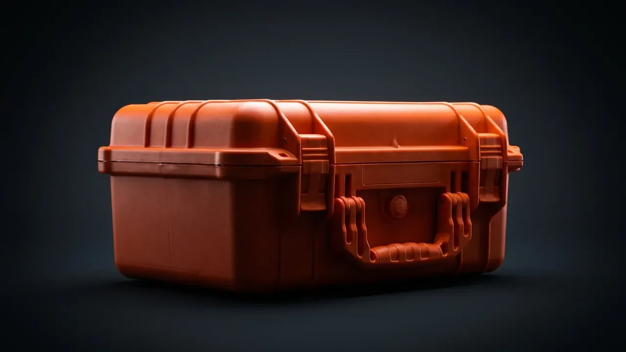 Deployable Hard Case: an orange case closed on a dark backdrop, four lid ribs, one latch and clamp each side, round valve by the handle