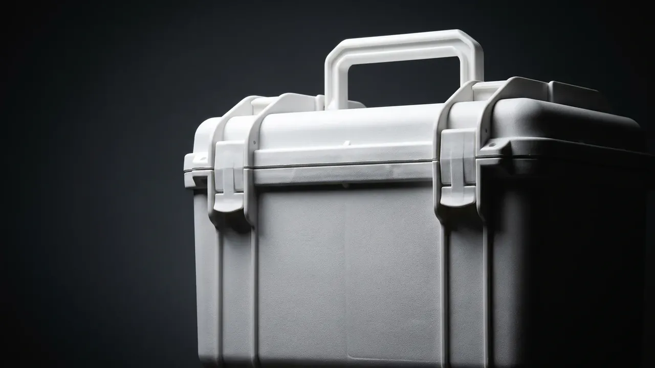 Deployable Hard Case: pale grey case from the side, arched handle on top, two latches clamping lid to body, rounded corners, dark background