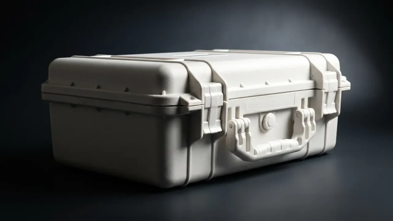Deployable Hard Case: cream case at an angle, long recess across the lid, a latch on each side, round valve by the handle, dark background