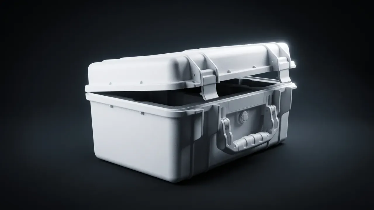 Deployable Hard Case: white case with lid tilted open, two latches up, folding side handle and round relief valve