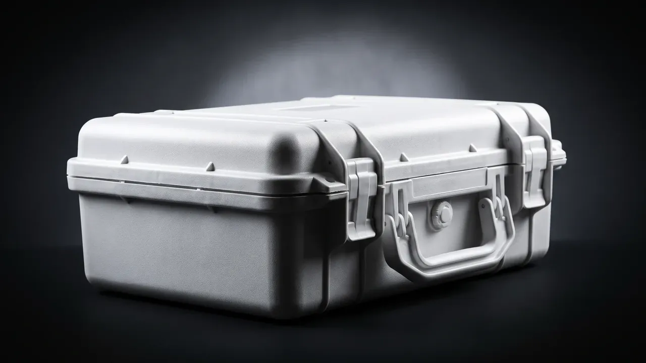 Deployable Hard Case: closed white case tilted on a dark surface, lid ribs lengthwise, two latches and side handle