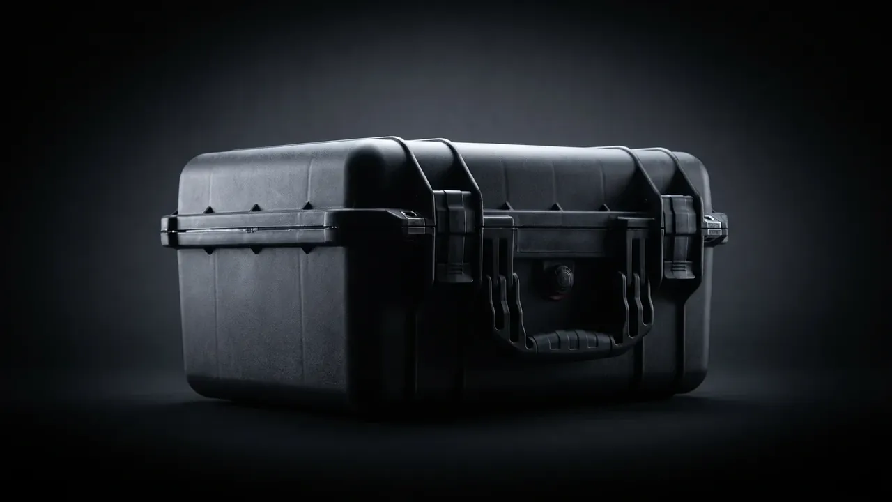 Deployable Hard Case: a black closed case on a dark gradient, two latches flanking the centre handle, a round valve above, vertical ribs