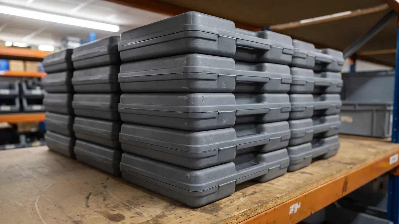 Deployable Hard Case: grey cases stacked lid-up six high on a timber shelf, orange and blue racking behind, cartons in the distance