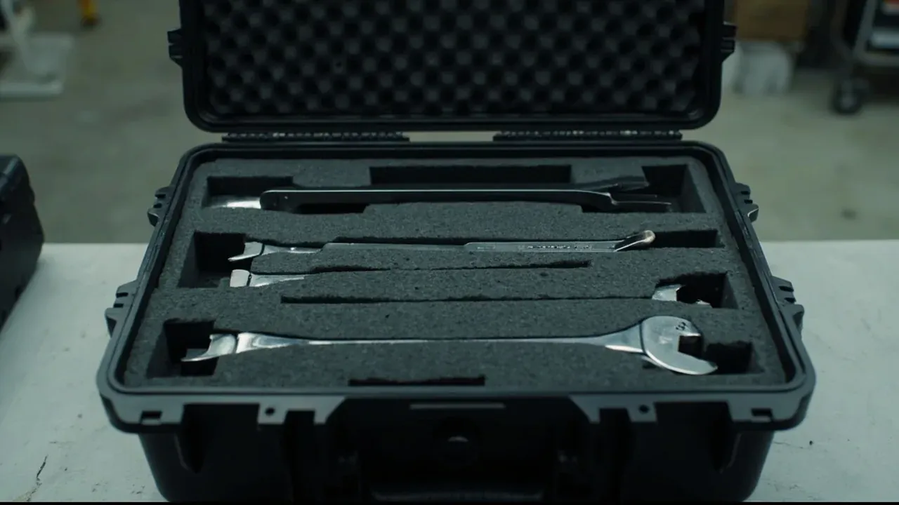 Grey foam routed with parallel channels holding spanners