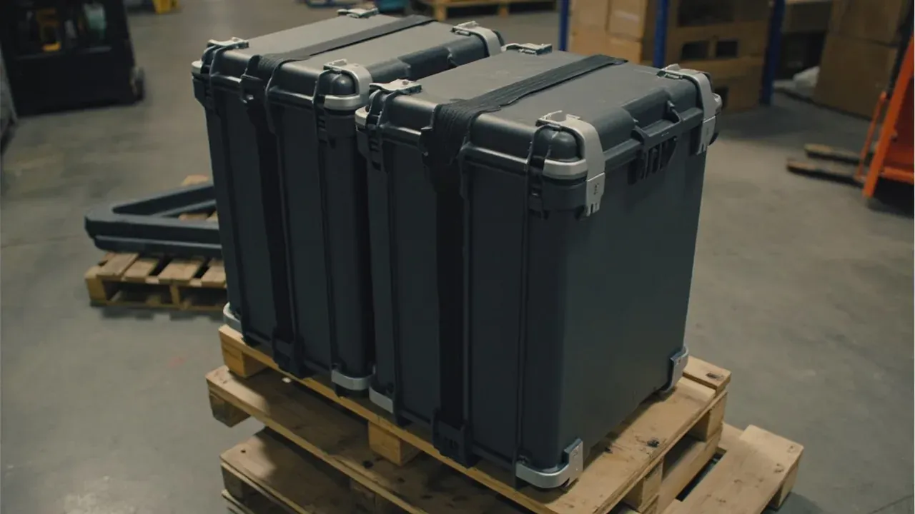 Two grey cases on a timber pallet, black straps over the lids and corners, a forklift behind
