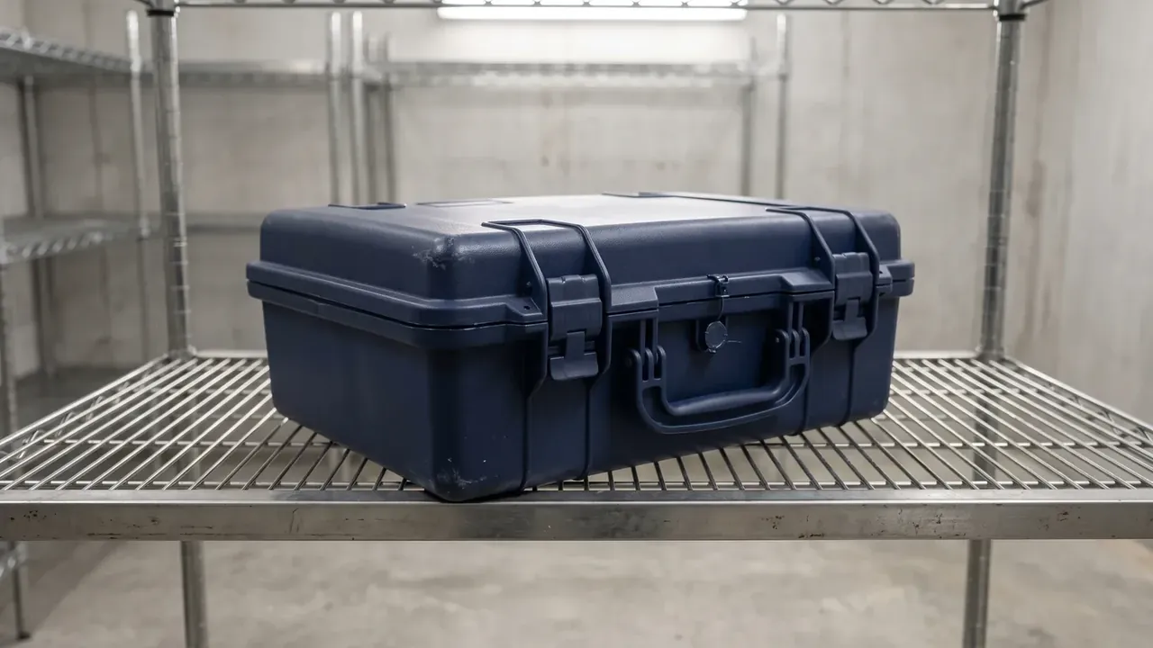 Navy case closed on a wire shelf, both latches down, corners scuffed
