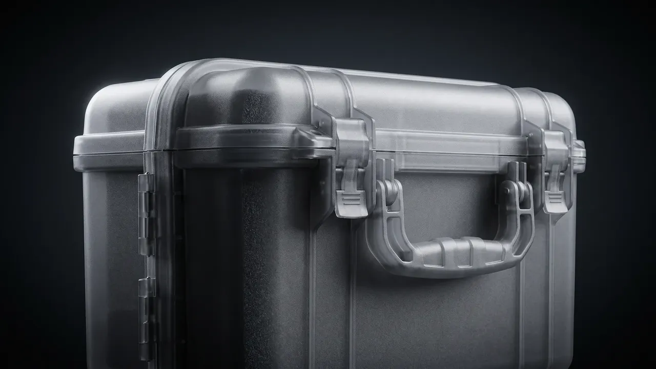 Deployable Hard Case: silver-grey case corner, one latch closed, folding handle folded, second case behind